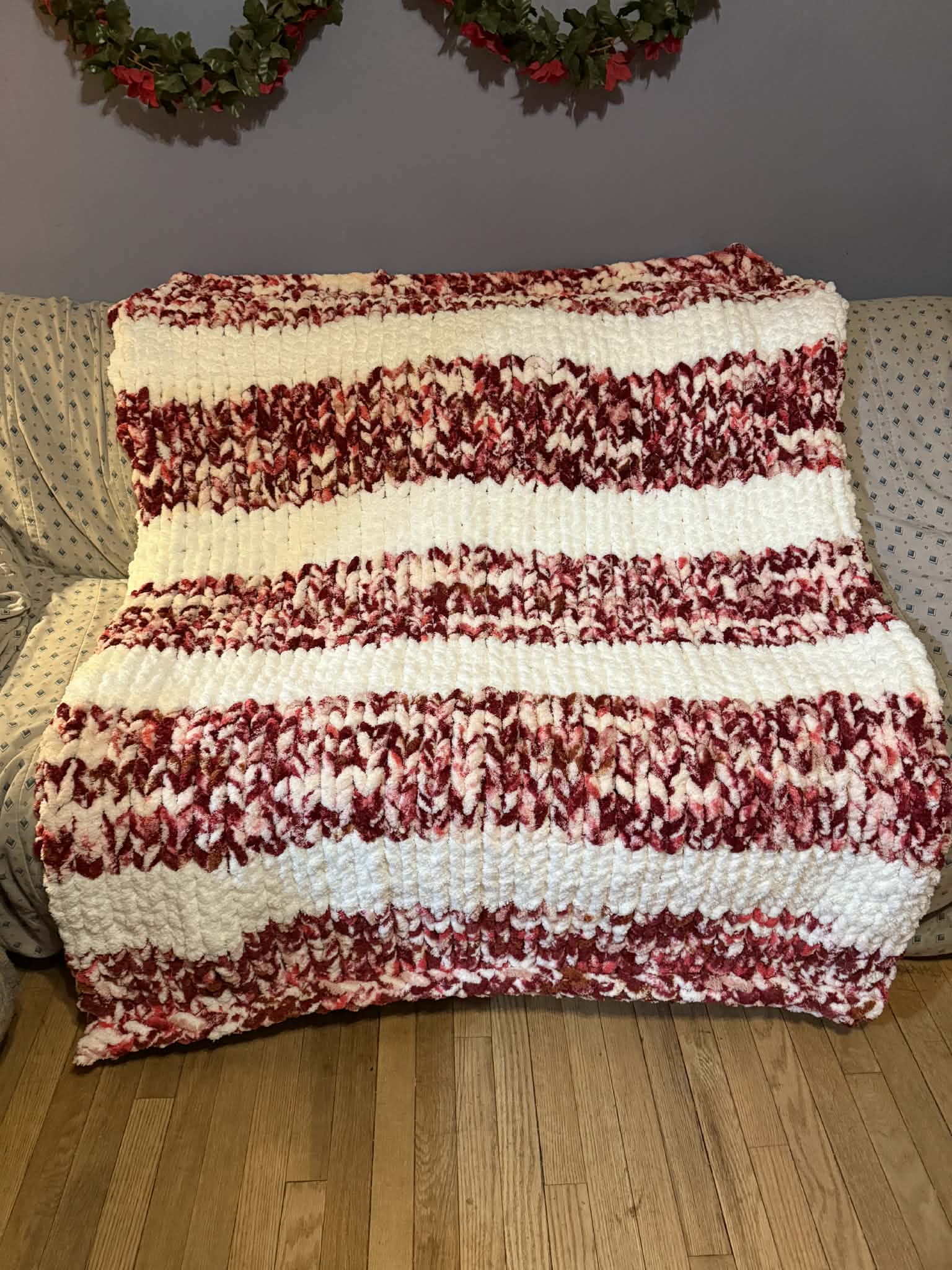 Large handmade chunky chenille knit blanket 52x60 soft farmhouse style